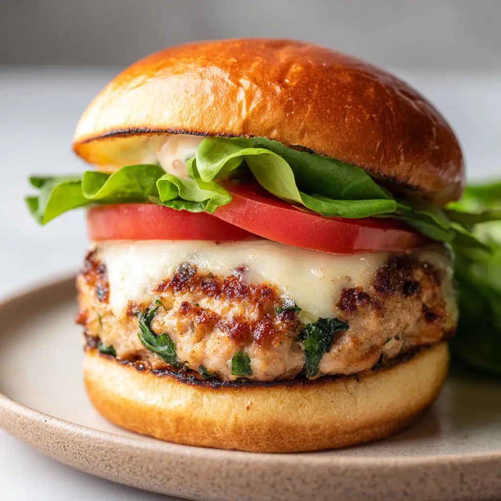 Close-up of a pan-seared ground chicken patty speckled with fresh chopped spinach and oozing sharp white cheddar cheese, resting on a brioche bun.