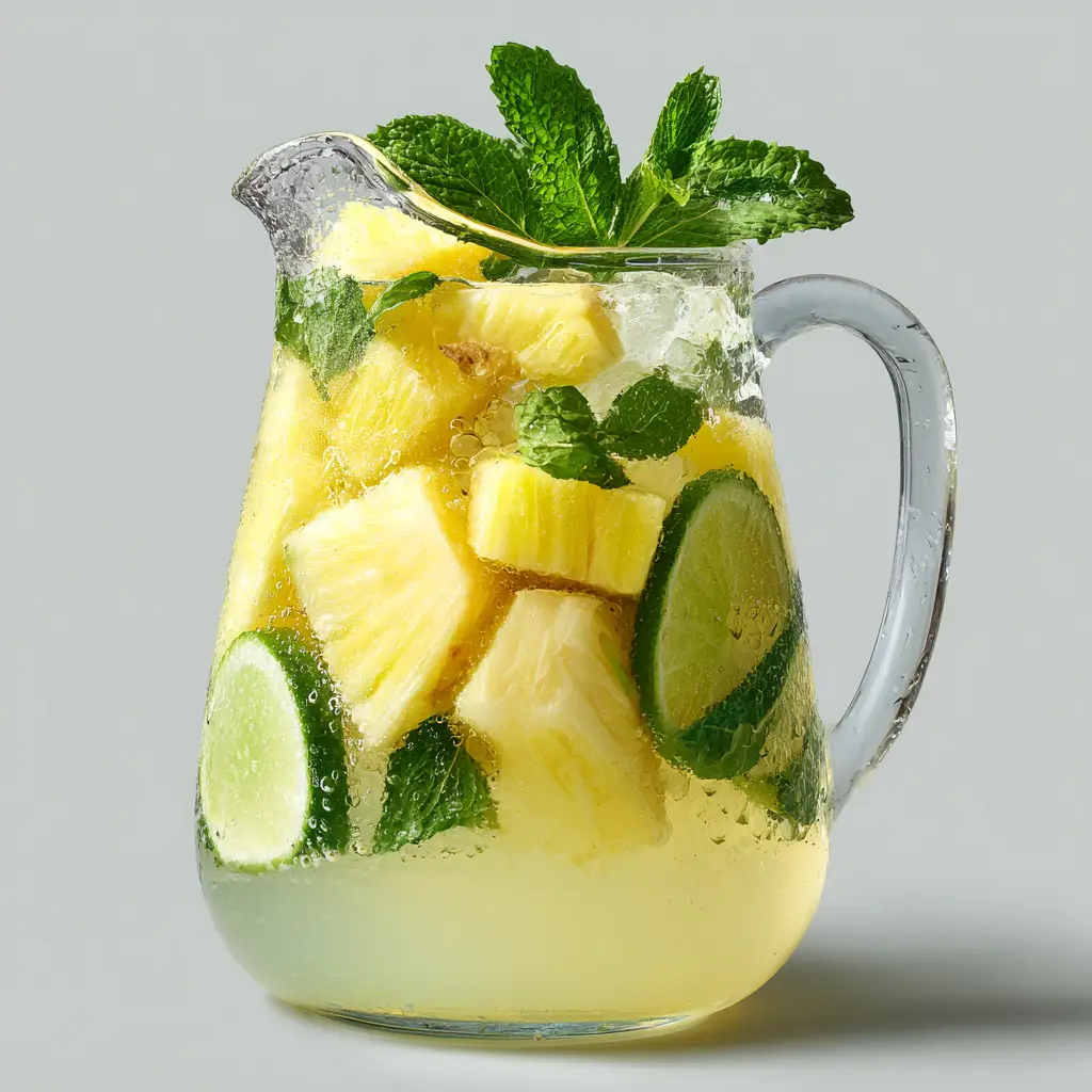 Close up of condensation droplets coating the smooth exterior of a clear glass pitcher holding pale yellow translucent Pineapple Sangria.
