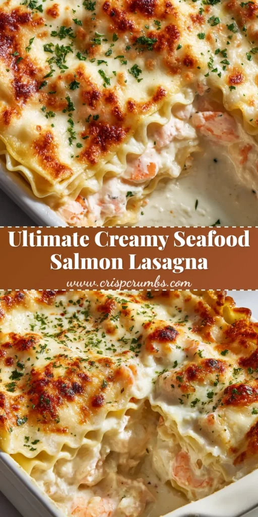A freshly baked Creamy Seafood Lasagna in a rectangular white ceramic dish, featuring wavy-edged noodles, an opaque white cream sauce, pink salmon, small pink shrimp, and a blistered golden-brown mozzarella crust topped with chopped parsley.