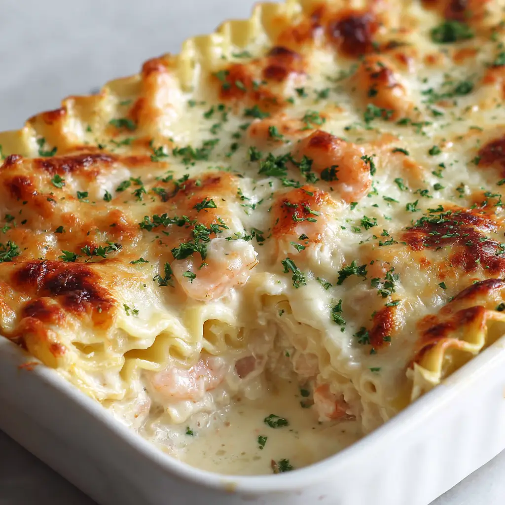 Close-up showing the removed corner piece of a Creamy Seafood Lasagna exposing distinct stacked internal layers of flat pasta, thick creamy white sauce, and flaky cooked light pink salmon chunks.
