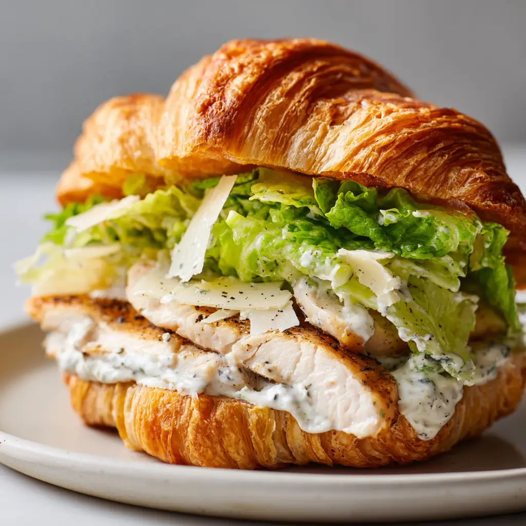 Close-up view of a golden brown buttery croissant layered with creamy dressed romaine lettuce and thick slices of seared chicken breast.
