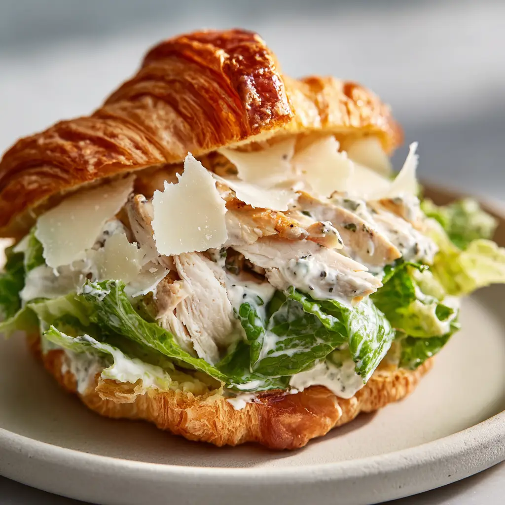 Freshly assembled chicken Caesar croissant sandwich resting on a simple white ceramic plate under soft natural daylight.