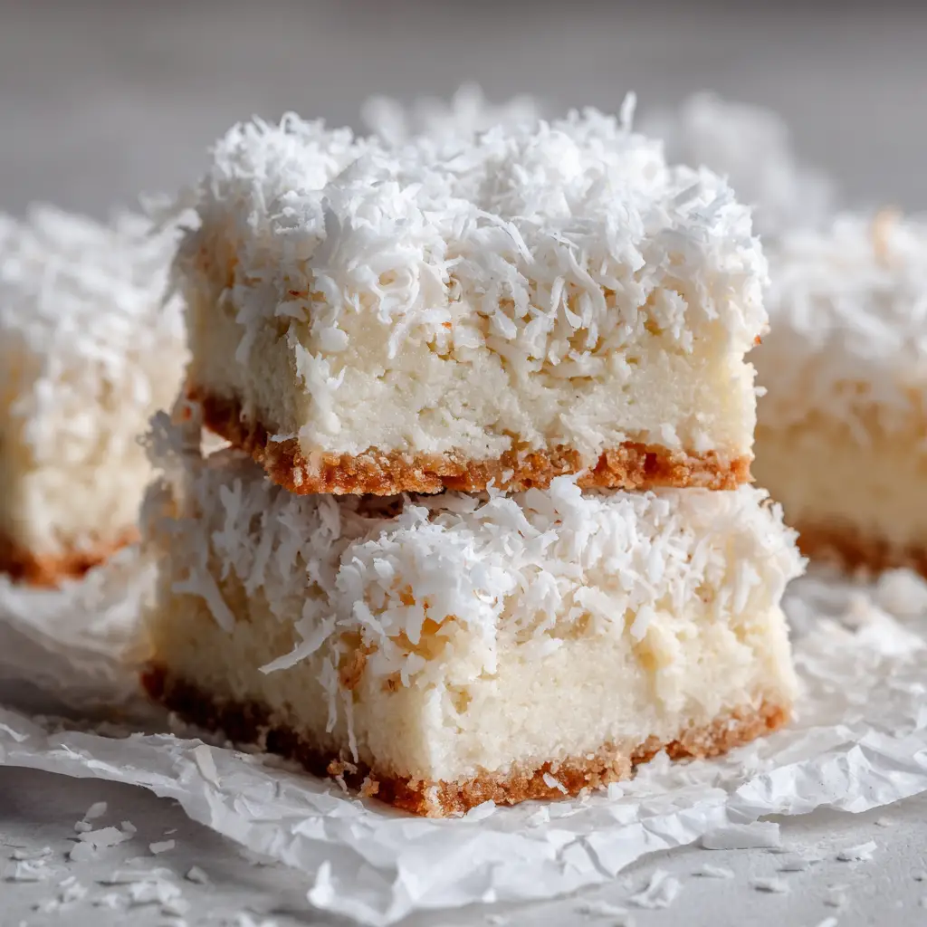 A close-up view of stacked Coconut Rum Snow Squares on crumpled white parchment paper illuminated by soft natural daylight.