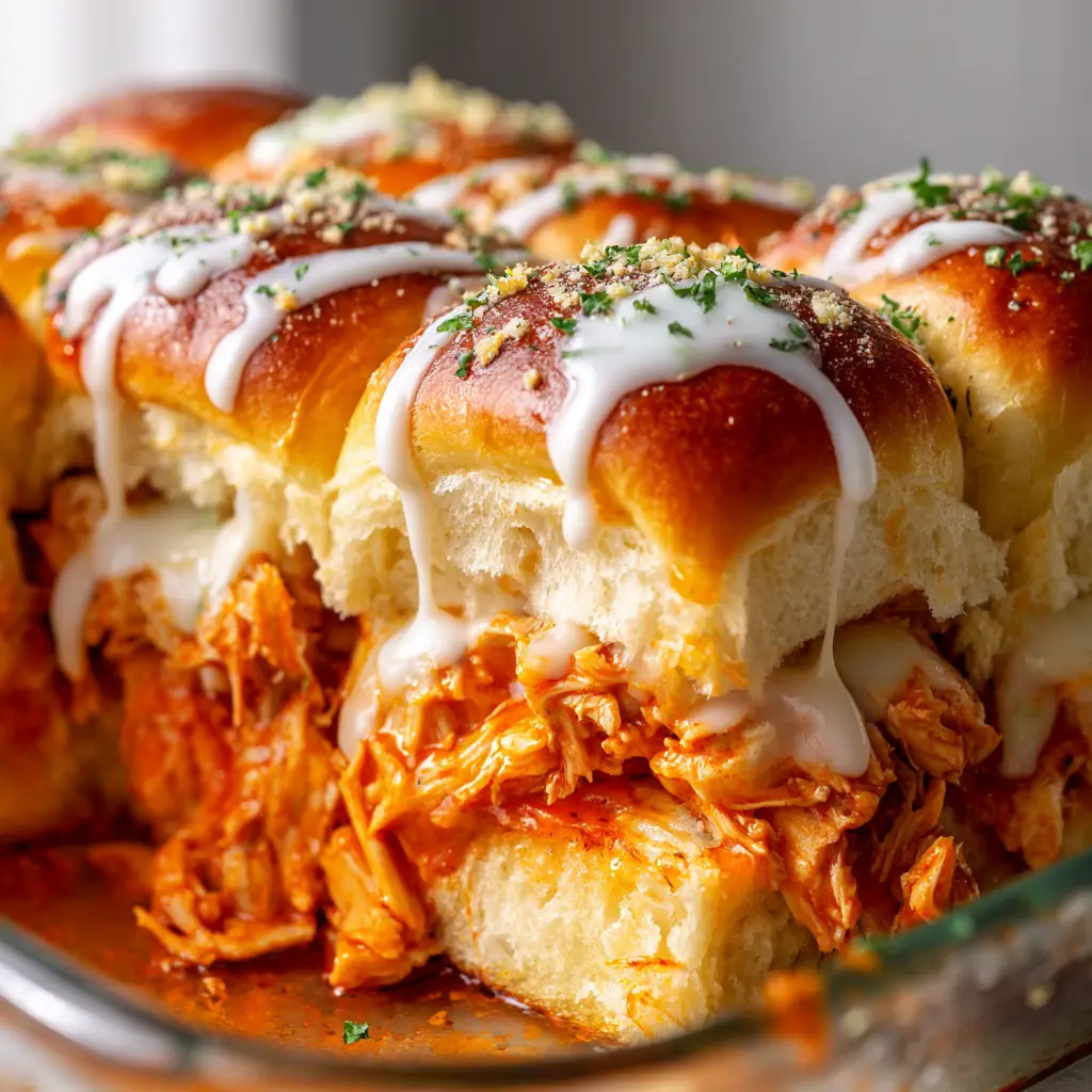 Close-up of golden-brown Hawaiian roll tops heavily speckled with parsley and garlic powder, sitting on a bed of spicy shredded buffalo chicken and melted white cheese.