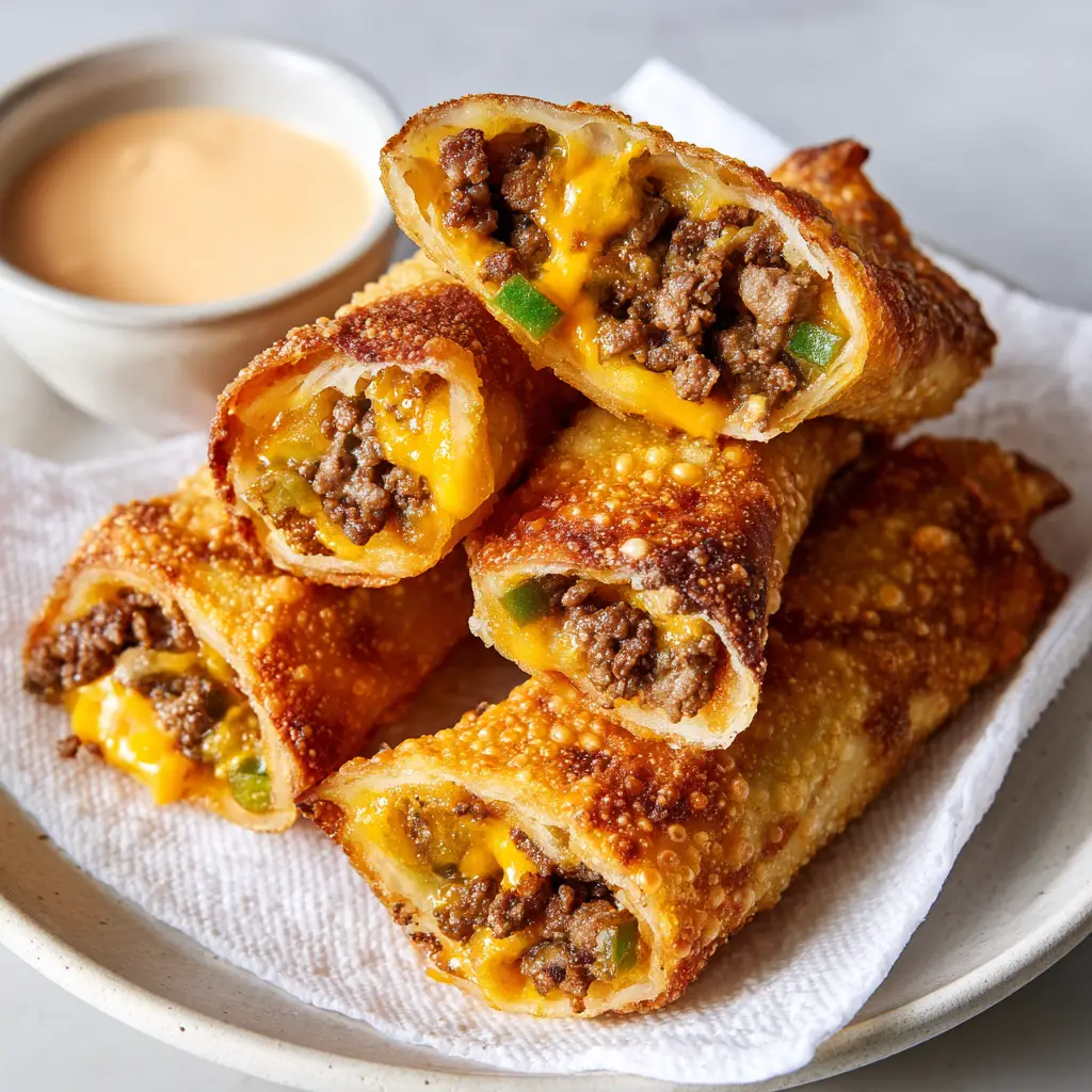 A smartphone photo of deep-fried Cheeseburger Eggrolls stacked on a white ceramic plate, surrounded by tiny diced green pickles.