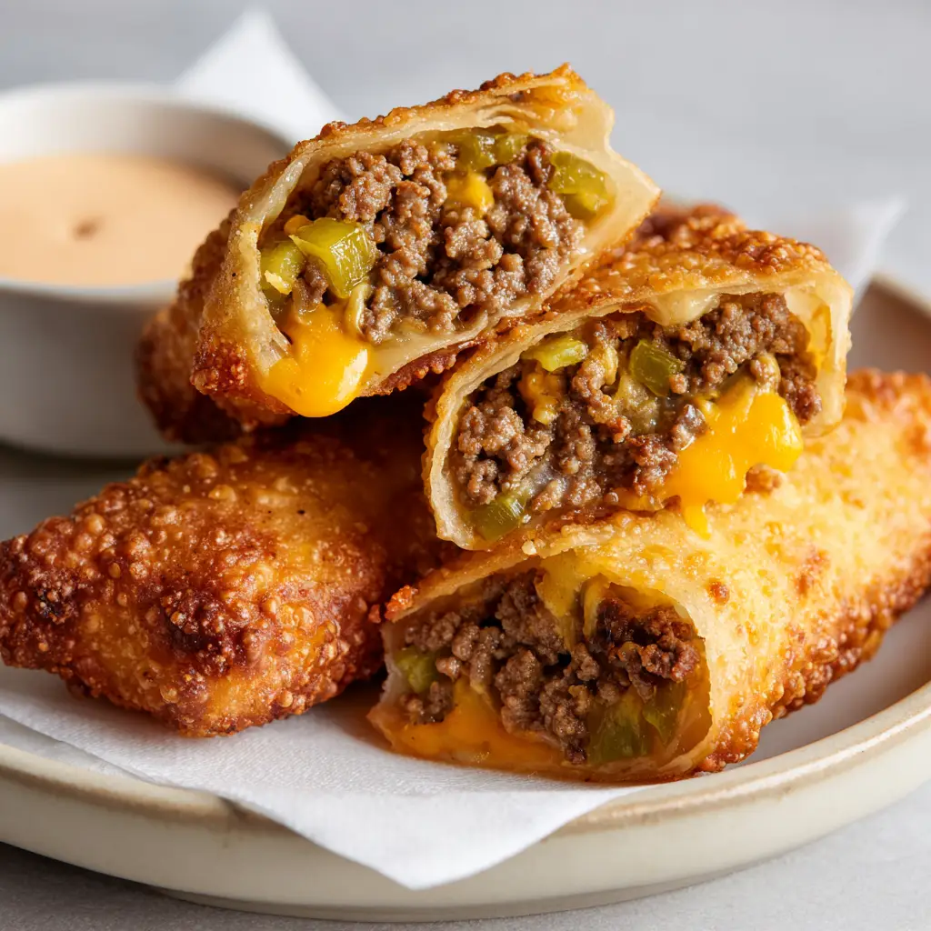 Halved Cheeseburger Eggrolls showing the gooey orange cheddar cheese and browned ground beef filling next to pale-orange dipping sauce.