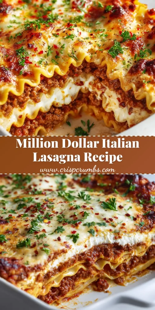 A freshly baked Million Dollar Italian Lasagna in a white ceramic dish, featuring a golden-brown mozzarella and parmesan crust with charred edges, garnished with fresh parsley and red pepper flakes.
