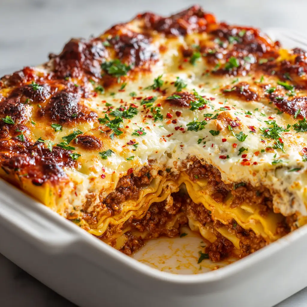 Close-up cross-section of Million Dollar Italian Lasagna showing layers of wavy noodles, thick chunky red tomato meat sauce, and creamy white ricotta cheese.