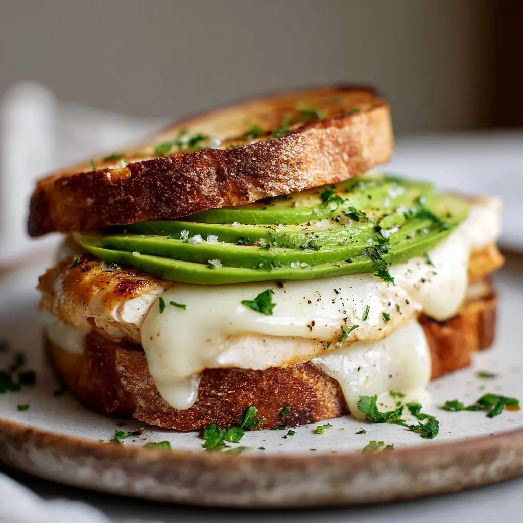 Gooey, melted mozzarella cheese stretching slightly over the edges of fanned avocado and seared chicken, garnished with coarse black pepper and fresh parsley.