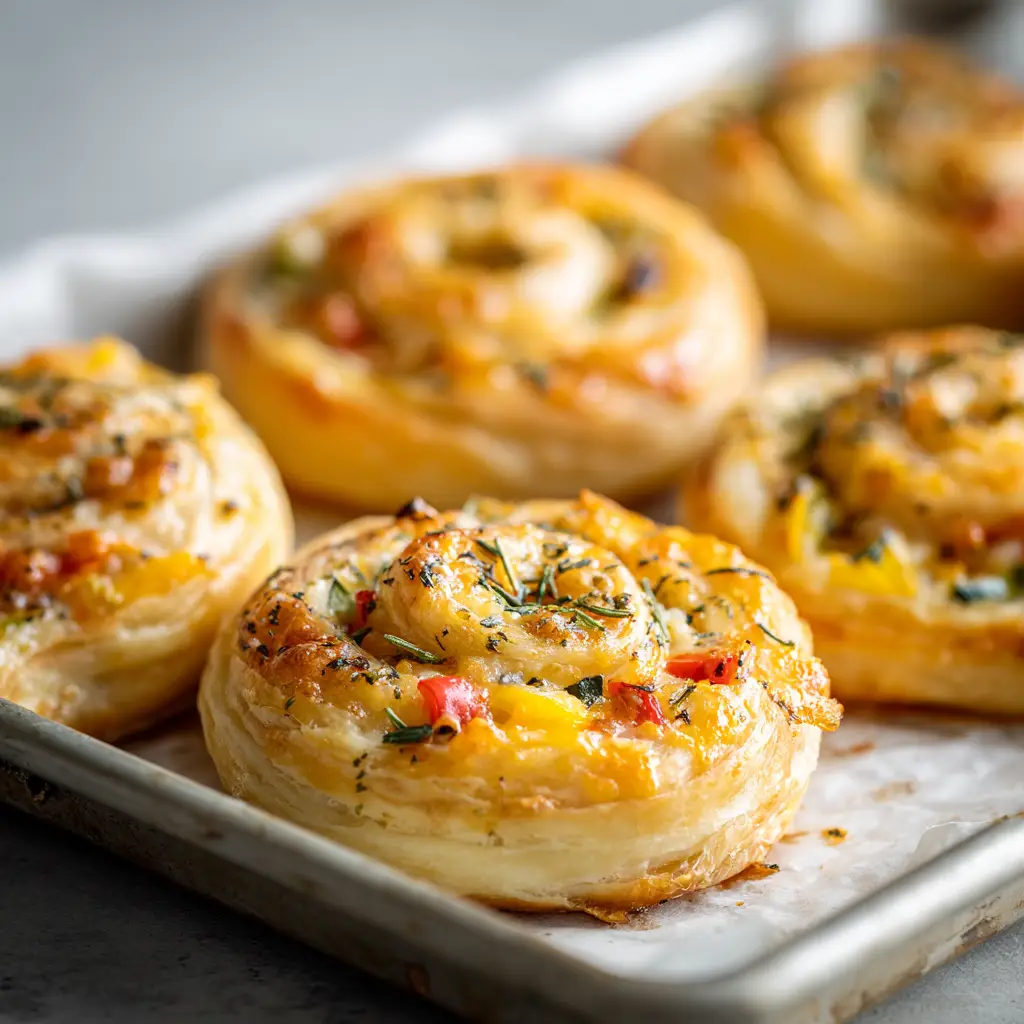A close up view of cheesy vegetable puff pastry rolls oozing melted cheese onto white parchment paper under soft natural daylight.