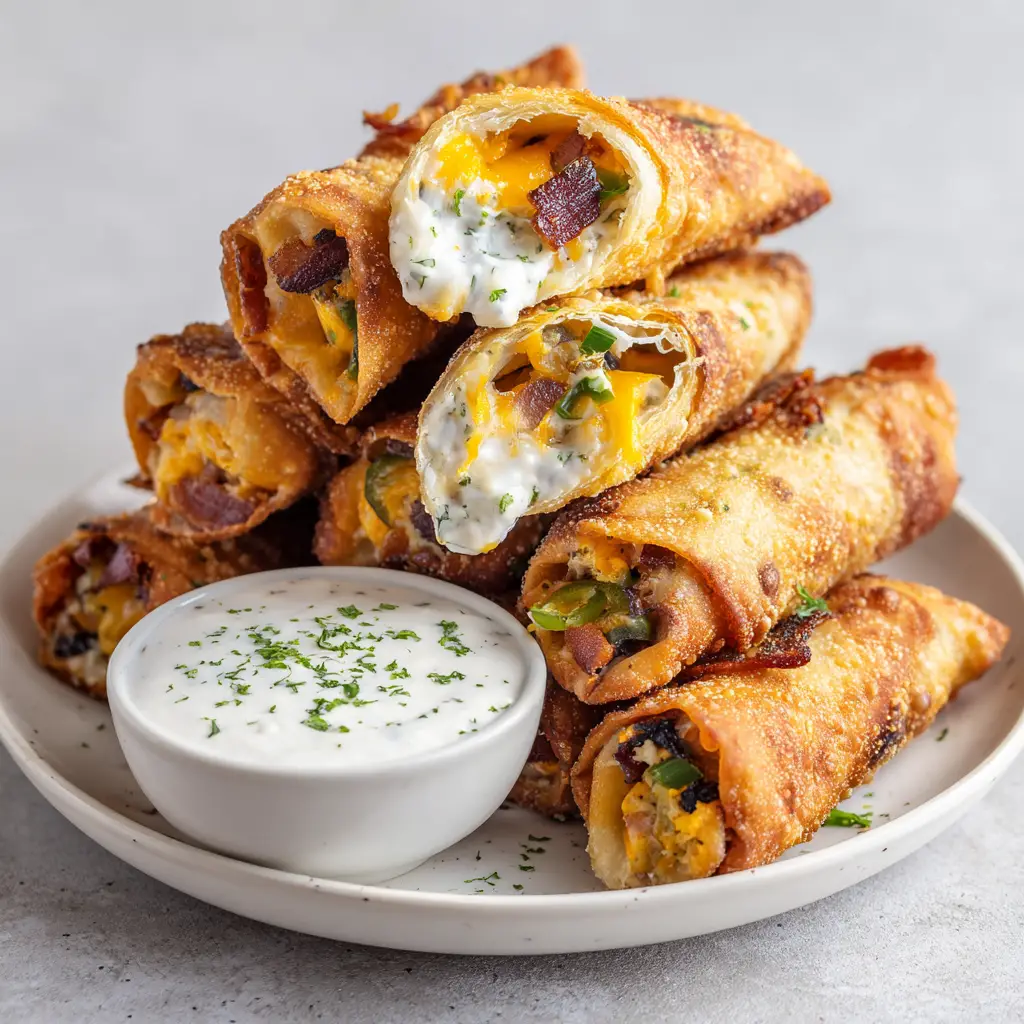 Golden brown and blistered Jalapeno Popper Egg Rolls cut diagonally, revealing a gooey, oozing center of melted cheeses, jalapenos, and bacon bits. (Jalapeno Popper Egg Rolls)