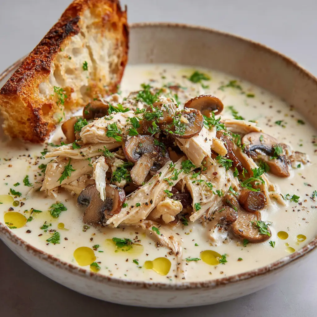 A close-up view of a bowl of homemade Creamy Mushroom Chicken Soup, showing the texture of the thick broth and tender shredded chicken.