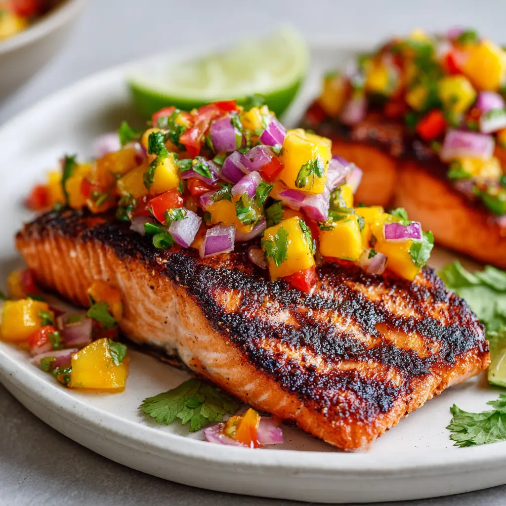 A close-up view of a flaky grilled salmon fillet with distinct grill marks, topped with diced mango, red onion, and cilantro. (Grilled Salmon with Mango Salsa)