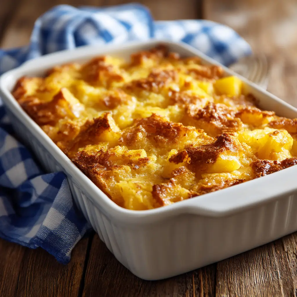 A scoop of pineapple bake being lifted from a casserole dish, showing the cheesy, gooey texture of the pineapple filling beneath the cracker crust.