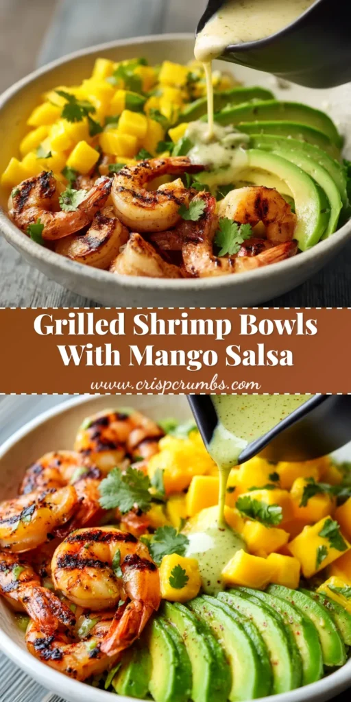 An overhead shot of a healthy Shrimp and Avocado Bowl, with juicy shrimp, creamy avocado, cherry tomatoes, and a vibrant cilantro lime dressing in a white bowl.