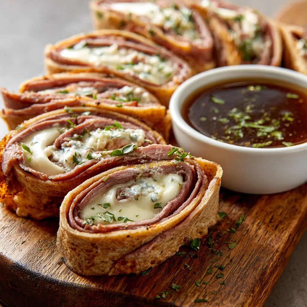 A small round white ceramic ramekin filled with hot, dark brown translucent au jus dipping broth, lightly garnished with delicate flakes of fresh green parsley and scallions, placed next to beef rollups.