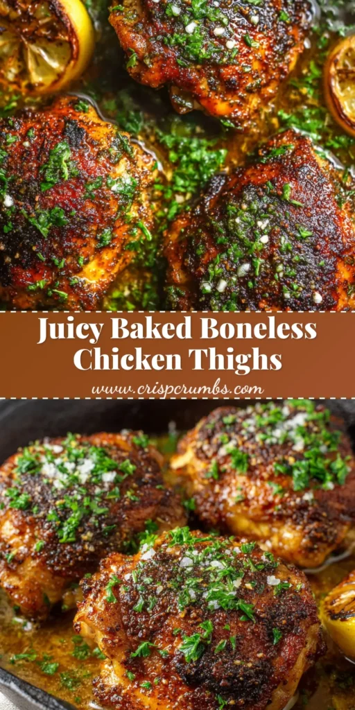 Close-up of golden-brown Baked Boneless Chicken Thighs in a cast iron skillet with parsley and a charred lemon.