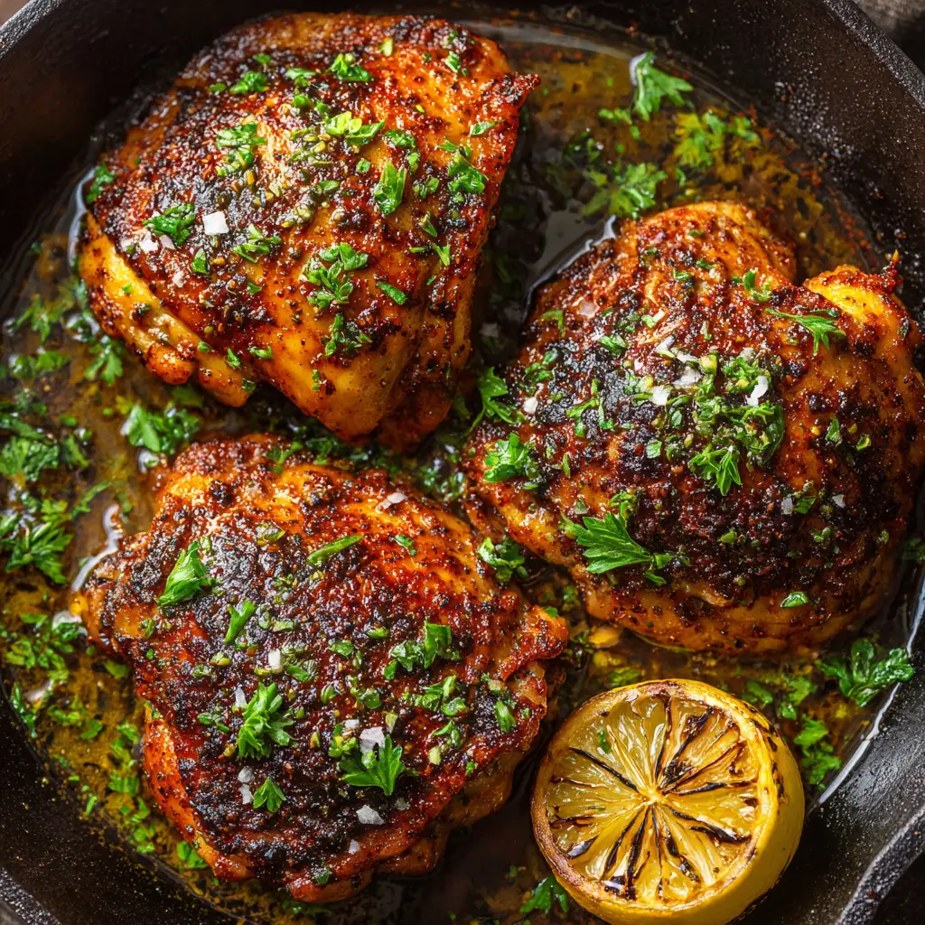 Baked Boneless Chicken Thighs generously sprinkled with bright green chopped fresh parsley and coarse sea salt.