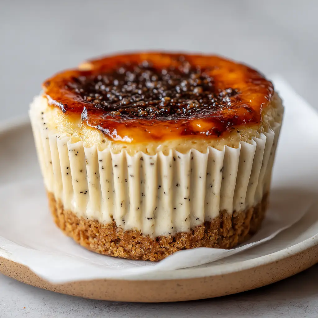 Close up of the hard, glossy, deep amber caramelized burnt sugar crust on top of a mini cheesecake.