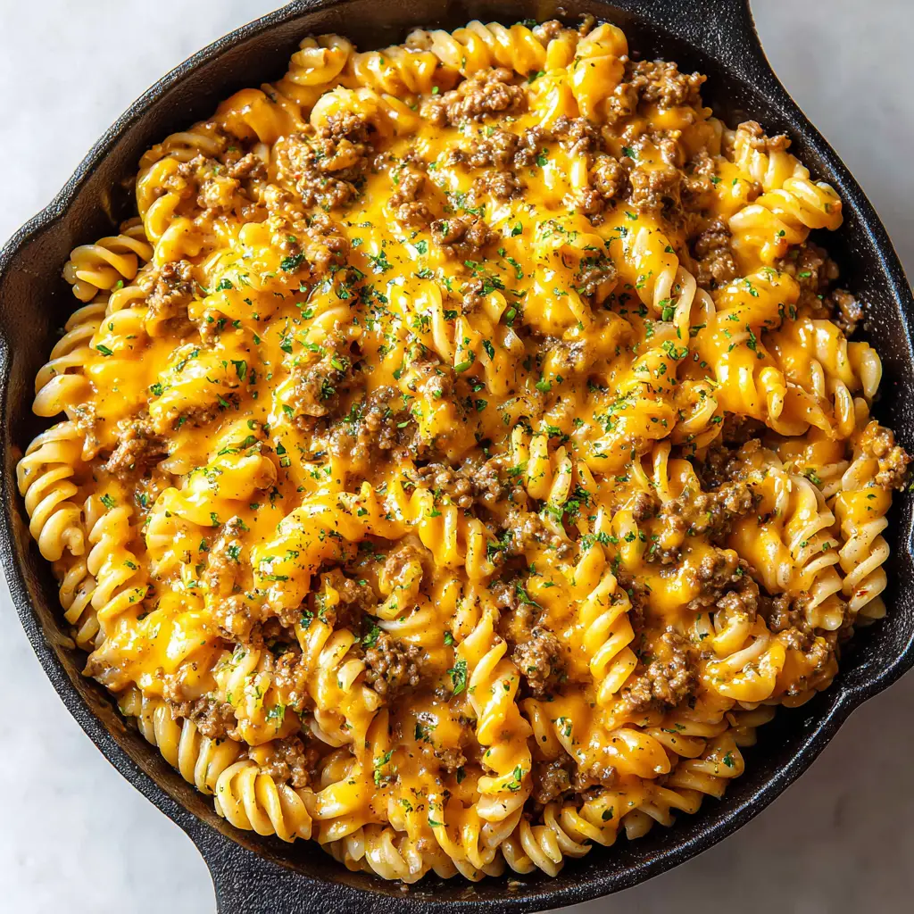 Top-down view of cooked rotini pasta spirals covered in a bright orange-yellow cheese sauce with browned savory ground beef.