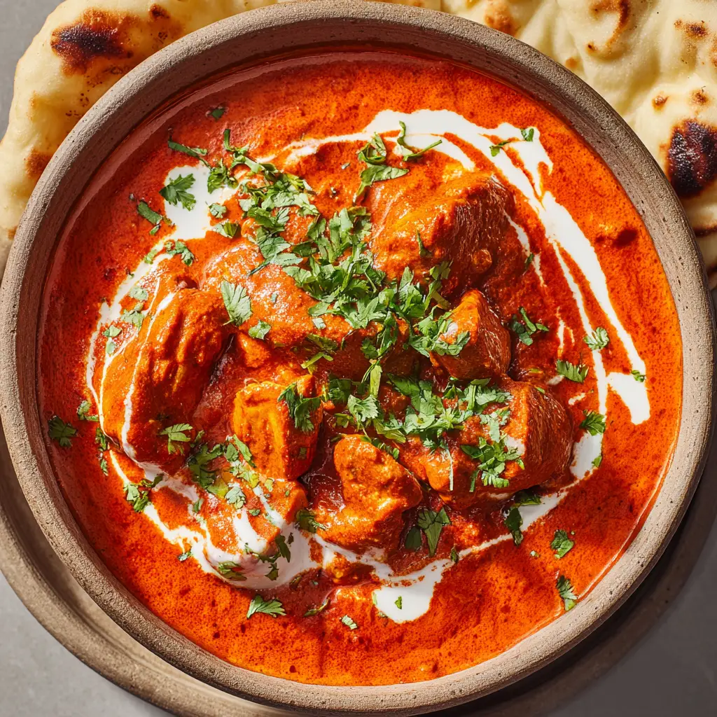 Close-up of thick, vibrant spiced tomato and coconut milk sauce coating tender, simmered chicken chunks.