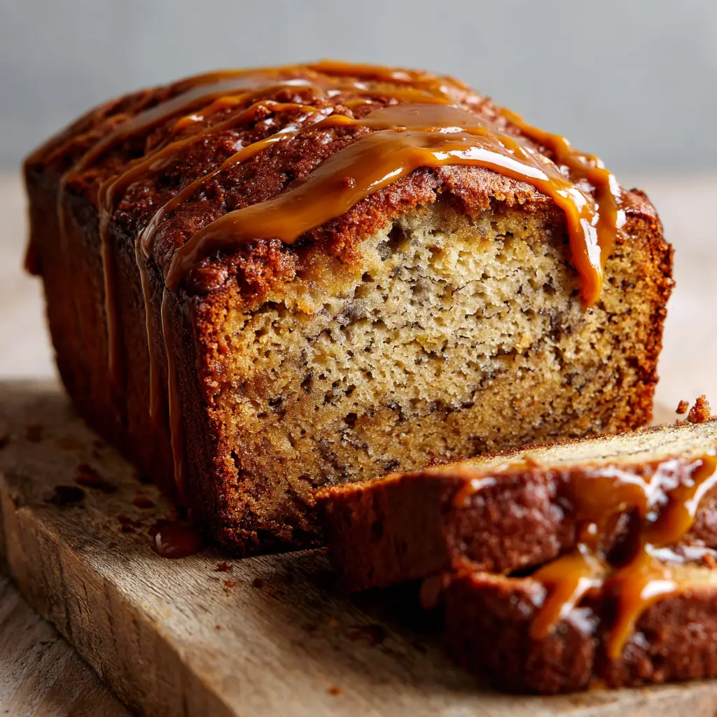 Close-up of Dulce de Leche Banana Bread interior crumb with dark banana speckles and gooey caramel swirls.