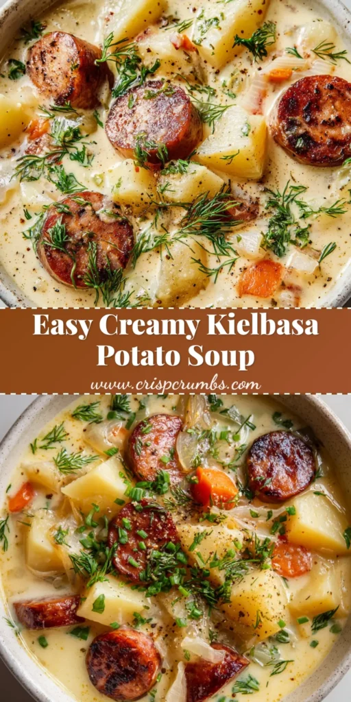 A rustic bowl of Kielbasa Potato Soup with a creamy broth, seared sausage, tender potatoes, and fresh dill.