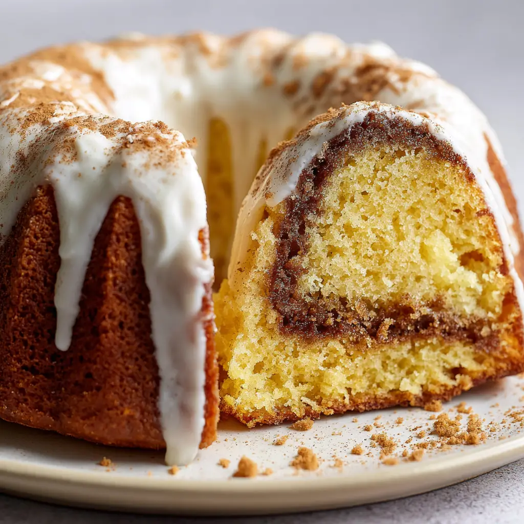 Loose baked cake crumbs and a light dry dusting of fine brown cinnamon powder scattered gently on a white ceramic plate around a cake slice.