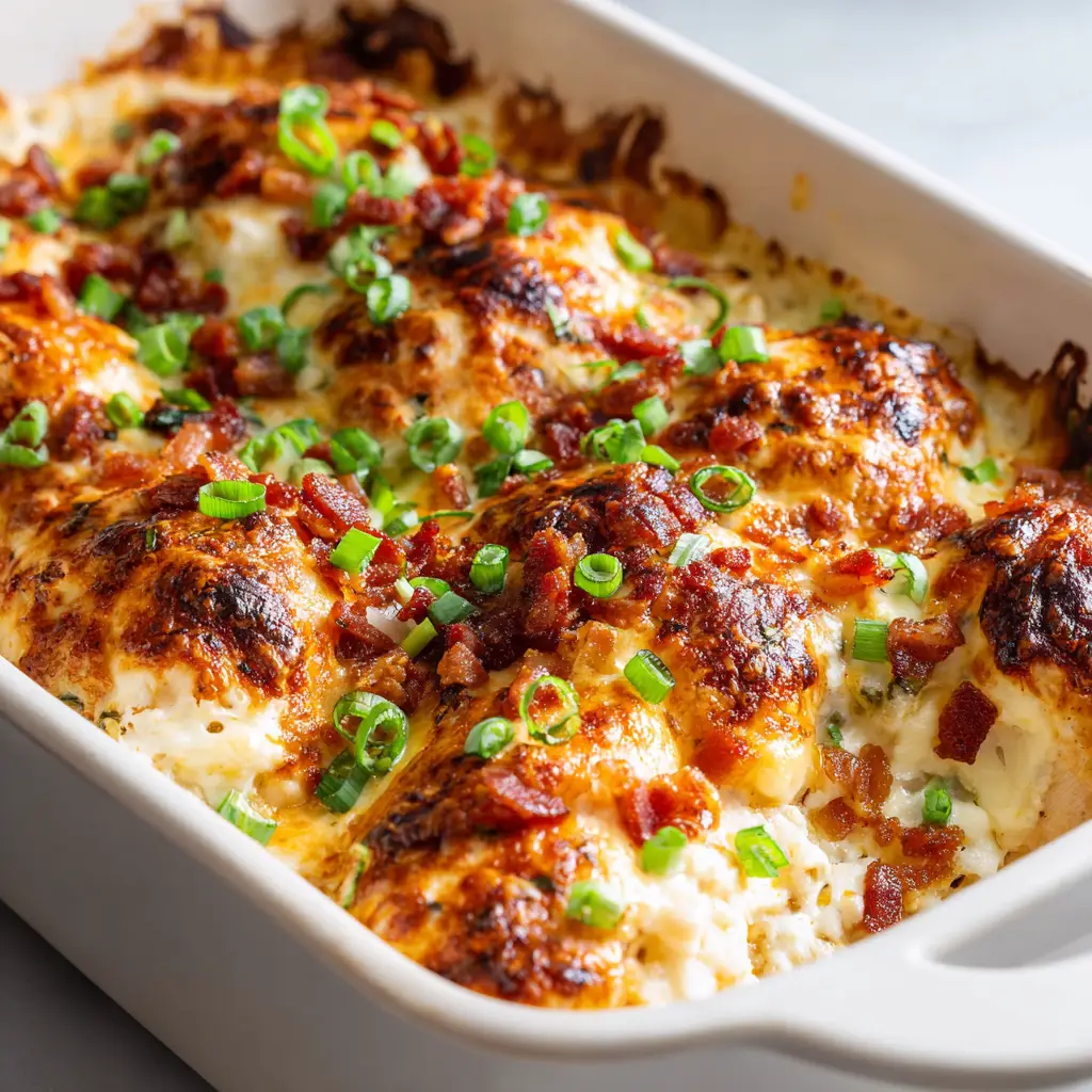 Golden-brown, slightly charred blistered cheese spots on top of a chicken bake, garnished with crispy chopped bacon bits and fresh green onions.