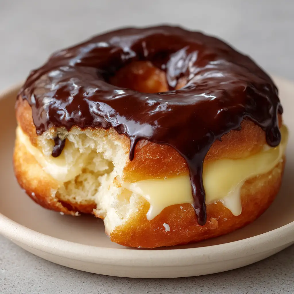 A plump, golden-brown fried yeast donut resting on a simple white ceramic plate, sliced horizontally with pale-yellow vanilla custard oozing out.