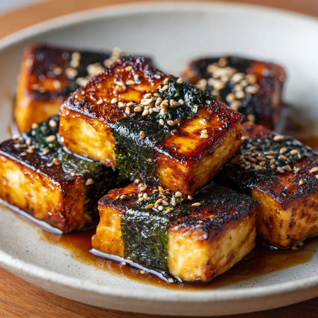 Glistening light brown savory soy glaze coating crispy seaweed wrapped tofu.