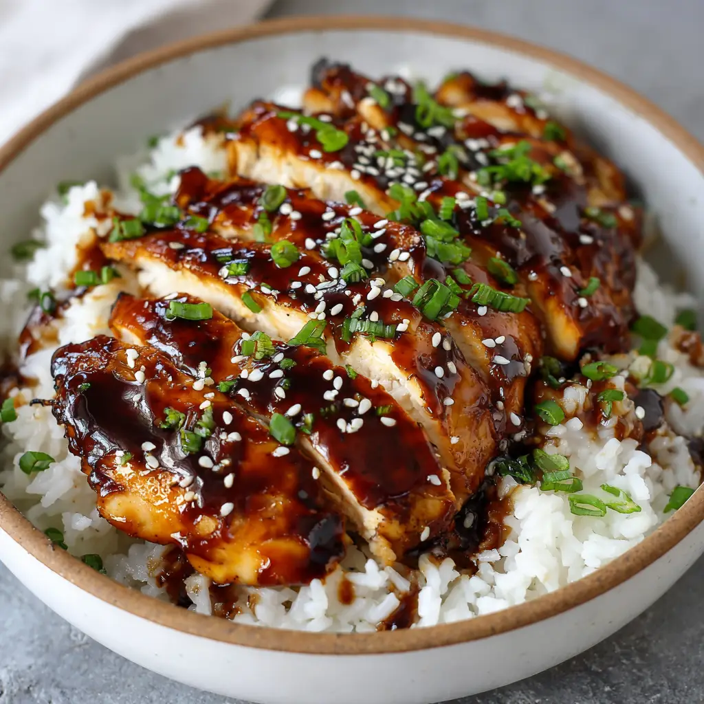 Slightly charred, sliced pan-seared chicken breast on top of a bed of fluffy steamed white rice inside a round ceramic bowl. (Teriyaki Chicken Rice Bowl)