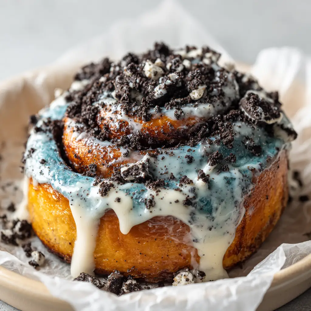Close up shot of bright blue dough Cookie Monster Cinnamon Rolls layered with a dark brown cinnamon sugar swirl in a light ceramic dish.