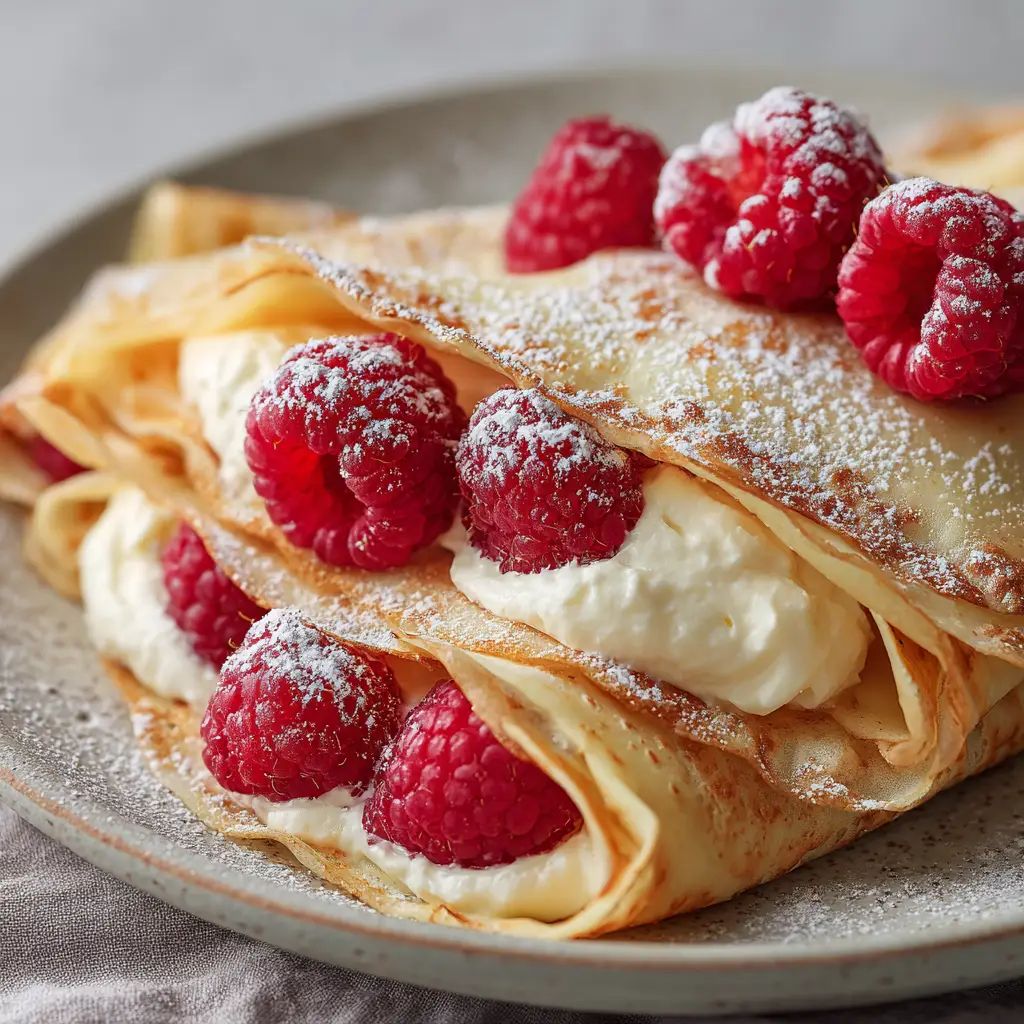 Thick fluffy white vanilla cream inside a folded crepe with fresh raspberries on a matte ceramic plate.