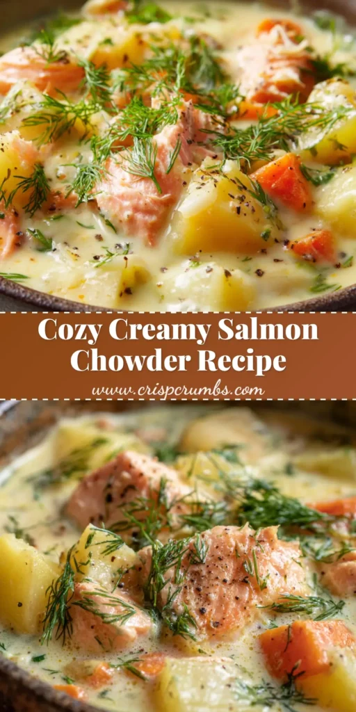A rustic ceramic bowl filled with thick, creamy Salmon Chowder, featuring tender pink salmon chunks, cubed potatoes, bright carrots, and fresh dill garnish.