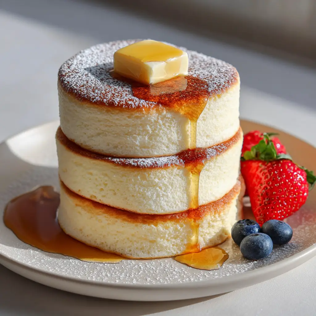 Close up of pale airy sides and lightly golden-brown cooked tops on three Japanese Pancakes with a square pat of butter.