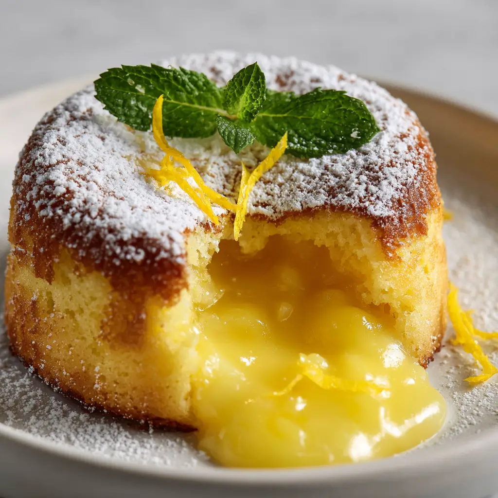 A close-up of a golden-baked lemon sponge cake coated with white powdered sugar with an oozing liquid center.