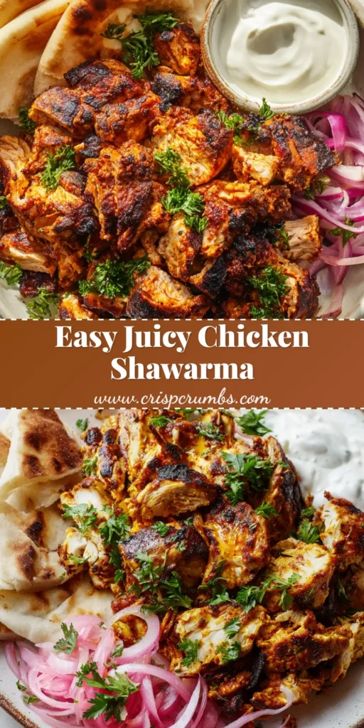 Close up of sliced, charred chicken shawarma piled on a plate with pita bread, creamy garlic sauce, and fresh parsley. (Chicken Shawarma Recipe)