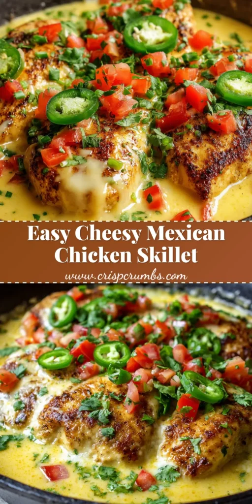 A black cast iron skillet featuring seared golden-brown Mexican chicken with cheese sauce, garnished with diced red tomatoes, fresh green cilantro, and sliced jalapenos.