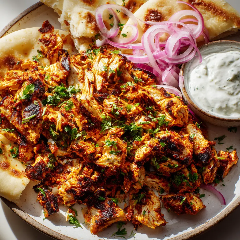 A thick, creamy white garlic sauce dolloped next to pillowy pita wedges and crisp raw red onions.