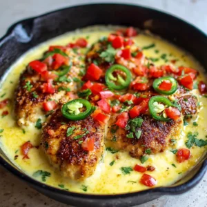Close up of golden-brown chicken breast fillets smothered in a glossy yellow-white melted cheese sauce pooling in a black cast iron skillet.