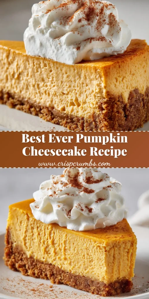A perfect slice of dense pumpkin cheesecake with a thick golden-brown graham cracker crust, topped with whipped cream and cinnamon.