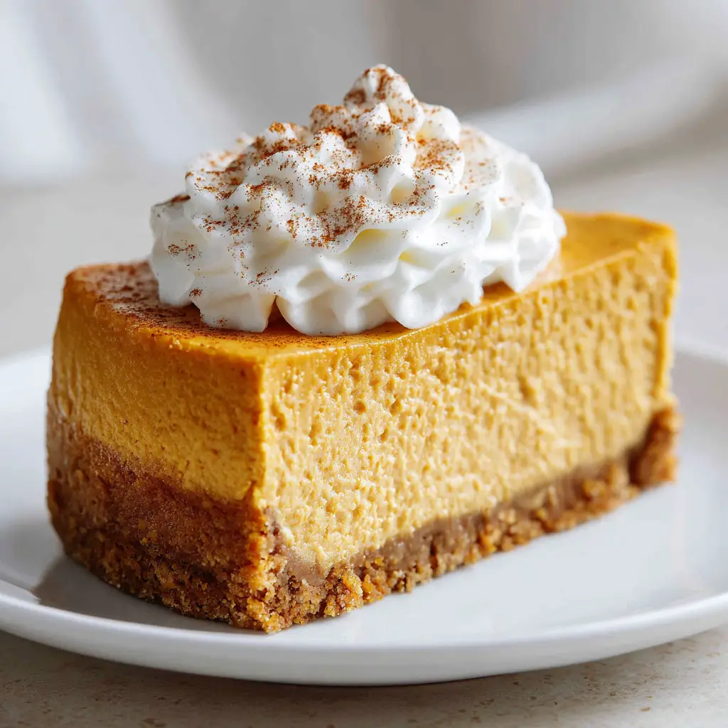 A handheld smartphone photo showcasing a soft pristine white dollop of whipped cream dusted lightly with reddish-brown cinnamon powder on top of pumpkin cheesecake.