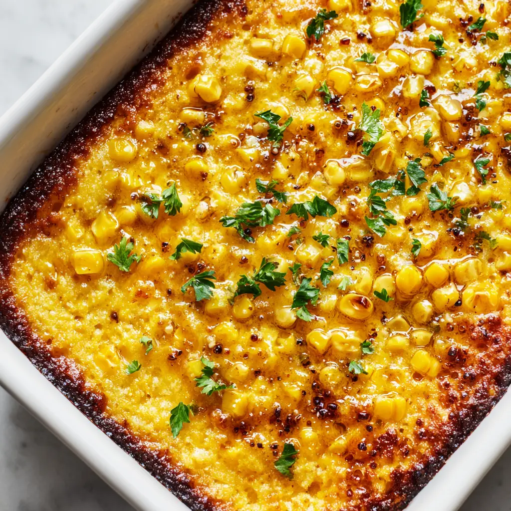 A close-up overhead shot of a dense, moist, golden-yellow baked corn mixture with plump whole yellow sweet corn kernels visibly embedded throughout the matrix.