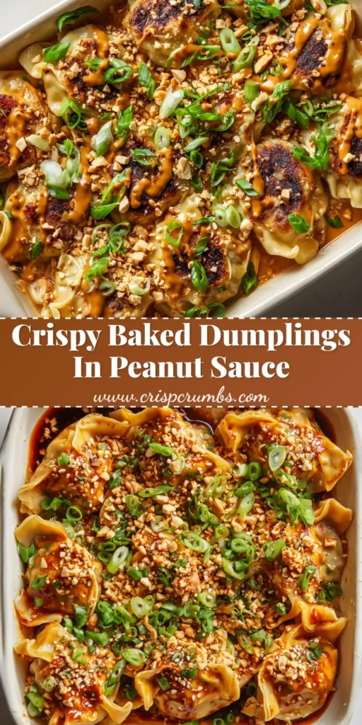 A ceramic baking dish filled with crispy Oven-Baked Dumplings topped with a reddish-brown peanut sauce, scallions, and roasted peanuts.