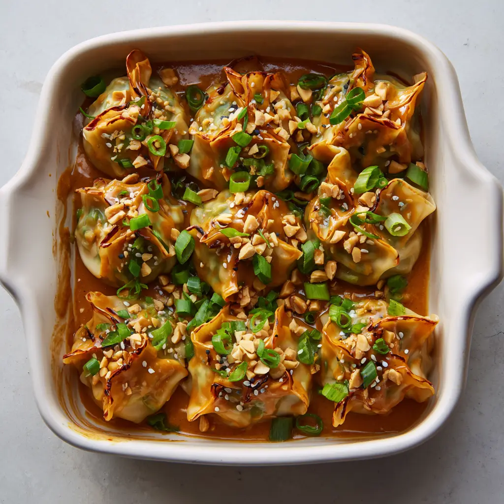 Slightly charred and blistered oven baked potstickers garnished with vibrant green scallions and white sesame seeds.