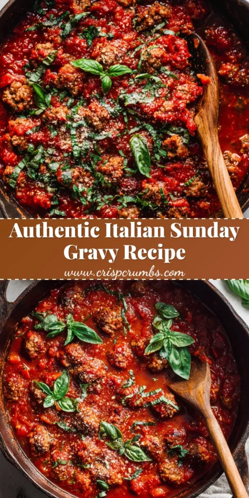 A rustic cast iron Dutch oven filled with Authentic Italian Gravy featuring browned sausage chunks, crushed tomatoes, and fresh basil.