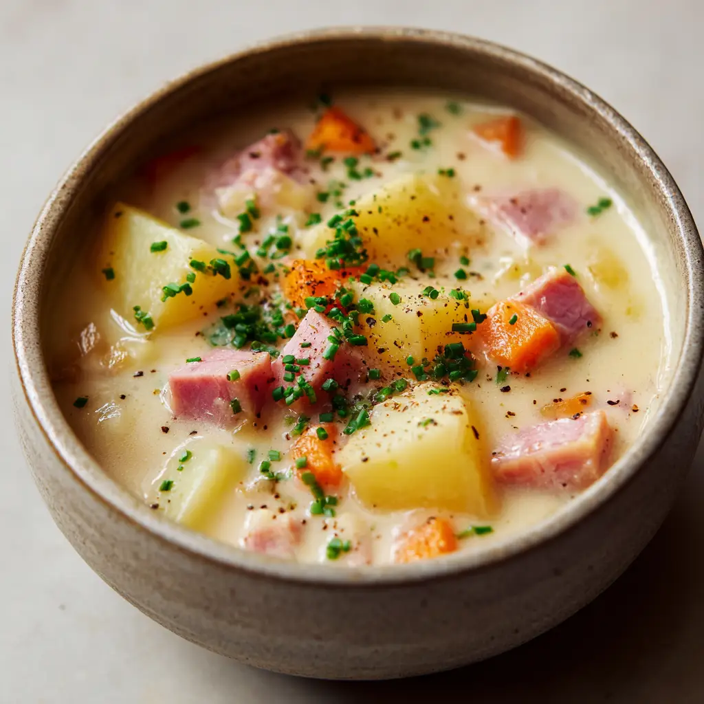 Close-up view of Creamy Potato and Ham Soup showing tender yellow potatoes, seared pink ham, and vibrant tiny specks of carrots in a pale-cream broth.