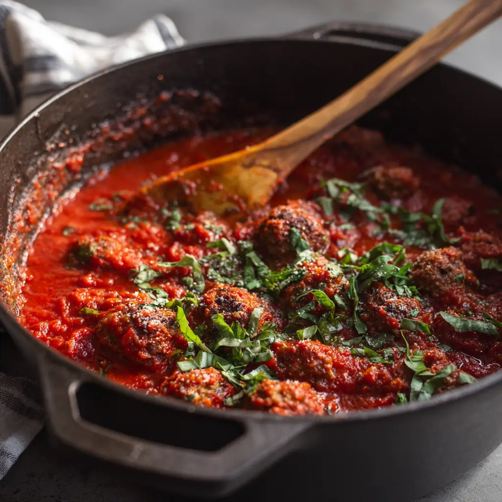Close up of deep ruby-red tomato meat sauce speckled with dried oregano and fresh torn basil leaves.
