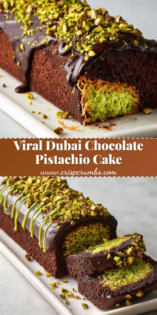 A slice pulled from a long rectangular Dubai Chocolate Pistachio Cake revealing thick gooey green pistachio cream and crispy kataifi pastry.